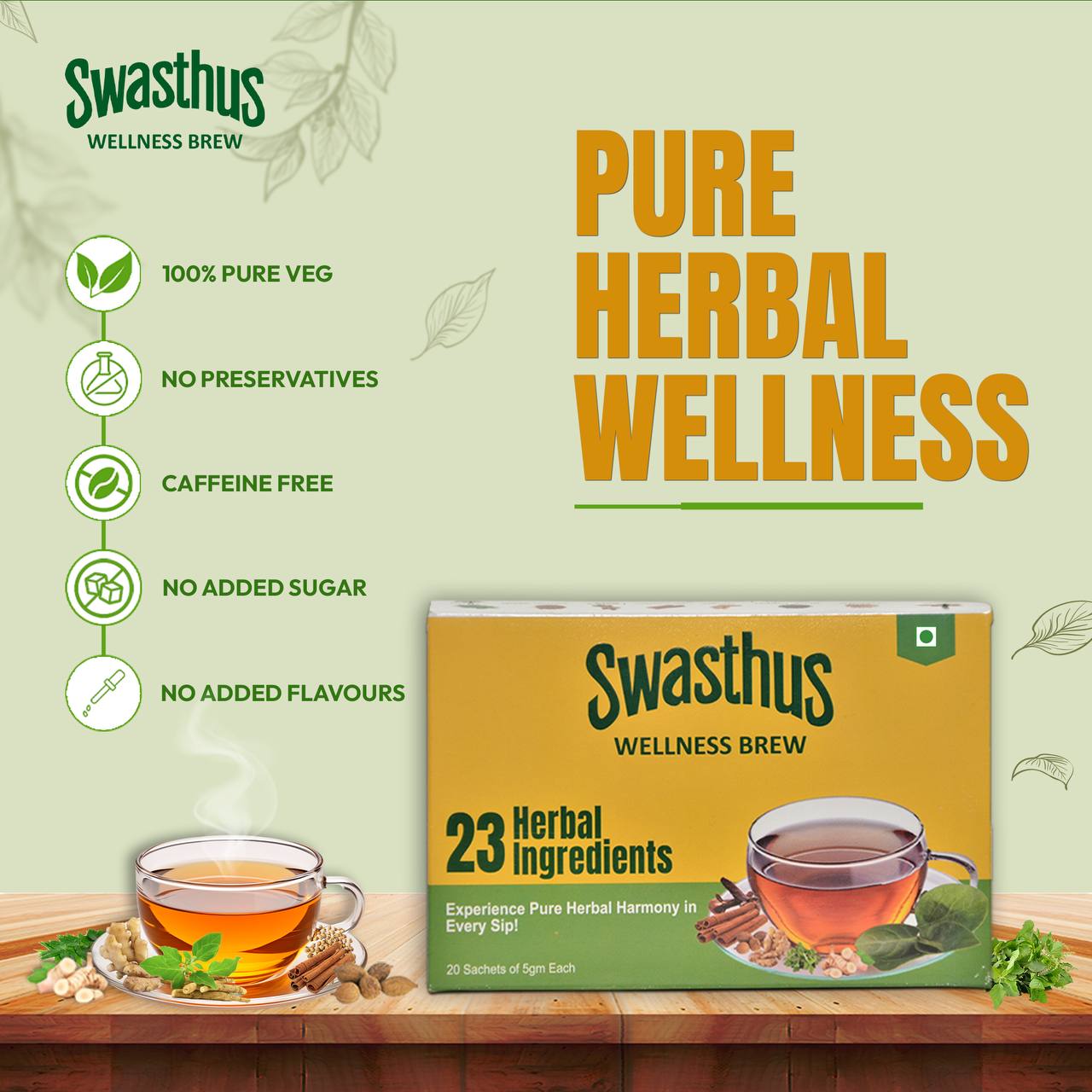 Pure herbal wellness — Swasthus brew with key purity badges