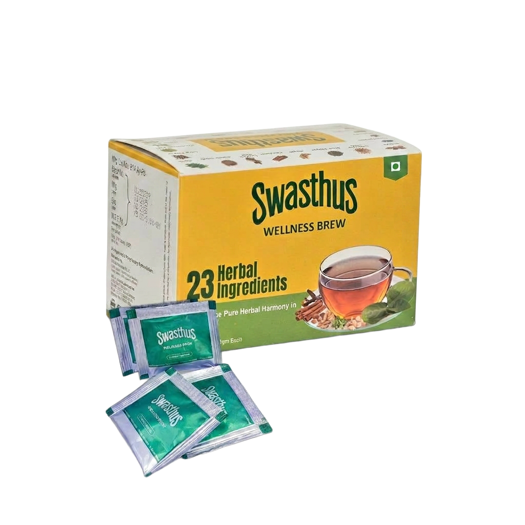 Steaming cup of Swasthus herbal wellness brew with ginger, cardamom and cinnamon